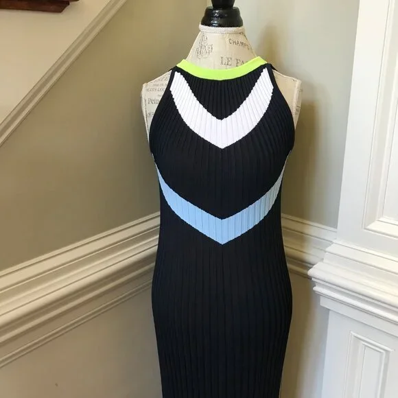 NEW Versace Pleated Maxi Gown Dress Womens 38 Small Navy Blue Halter Sleeveless